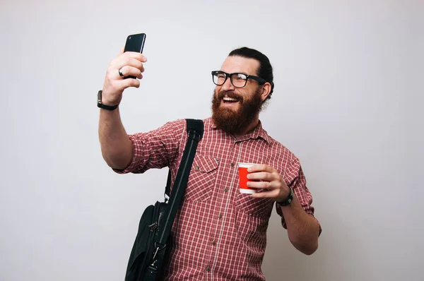 Happy Bearded Man Plaid Shirt Glasses Smiling Taking Selfie His — Stock Photo, Image