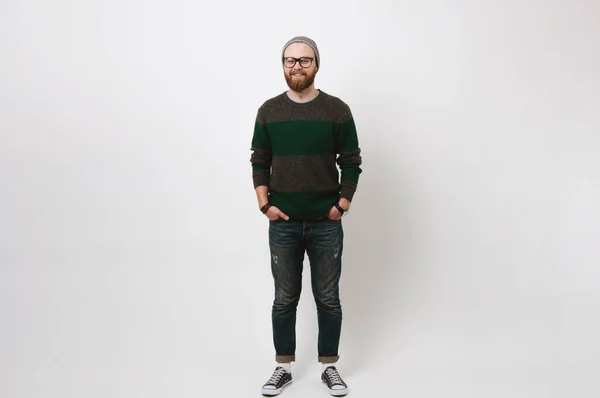 Full Length Portrait Cheerful Smiling Bearded Hipster Man Standing White — Stock Photo, Image