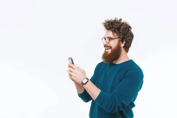 Portrait Cheerful Bearded Hipster Man Using Smartphone White Background — Stock Photo, Image