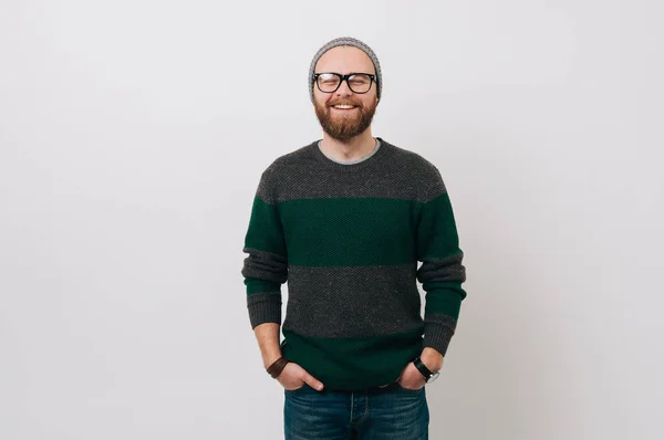 Smiling Bearded Hipster Man Wearing Pullover White Backgorund — Stock Photo, Image