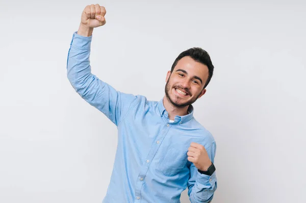 Jovem Feliz Mostrar Seu Feeling Com Gesto — Fotografia de Stock