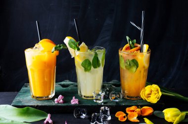 Portakal ve greyfurt, dilim meyve ve nane yaprakları ile taze limonata çeşitli