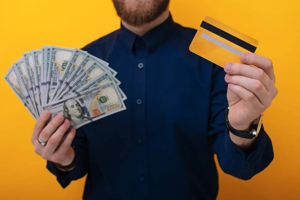 Handsome Bearded Man Holding Lot Money Credit Card Wearing Blue — Stock Photo, Image