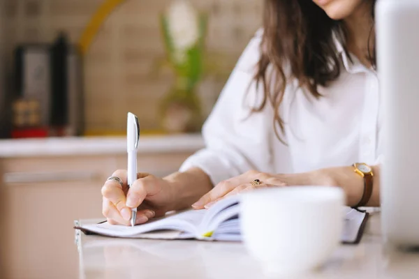 Close Woman Writer Hand Writing Notebook Home Kitchen — Stock Photo, Image