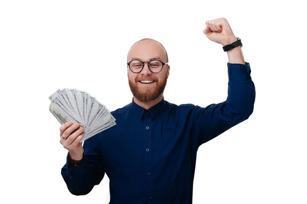 Cheerful Bearded Business Man Dark Blue Shirt Holding Money Looking — Stock Photo, Image