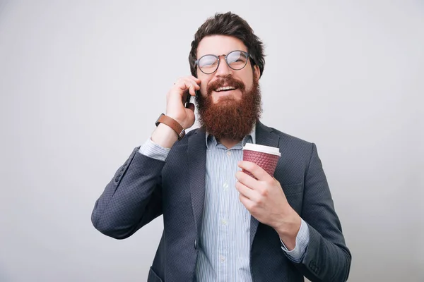 Young Confident Man Holding Coffee Talking Phone Wearing Formal Clothes — Stock Photo, Image