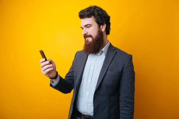 Businessman Using Smartphone Smiling Young Business Executive Mobile Phone Yellow — Stock Photo, Image