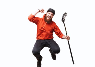 Floorball oyuncu, sakallı adam elinde zafer ve jum sopa ile kutluyor