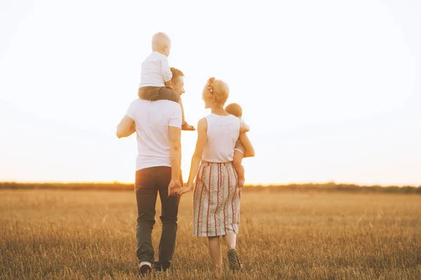 Happy Young Family Walking Wheat Field Sunset Concept Family Love — Stock Photo, Image