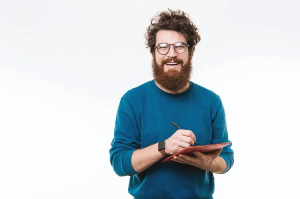 Cheerful Handsome Guy Beard Glasses Looking Camera Hold Graphic Tablet — Stock Photo, Image