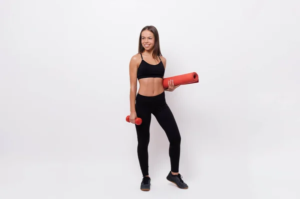 Young Beautiful Woman Holding Fitness Mat Dumbbell White Background — Stock Photo, Image