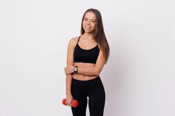 Photo Sporty Young Woman Her Workout Dumbbell Isolated White Background — Stock Photo, Image