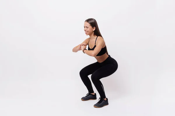 Image Sporty Athletic Woman Sneakers Tracksuit Squatting Doing Sit Ups — Stock Photo, Image