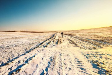 Dosyalanmış donmuş bir yolda tek başına yürüyen bir adamın fotoğrafı, güzel gün batımı