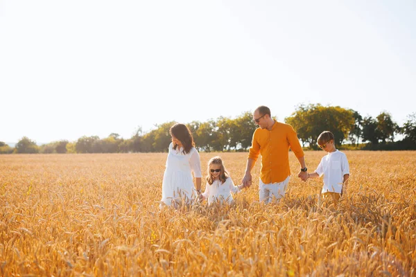stock image Photo of a family, having time a wheat field on a sunrise