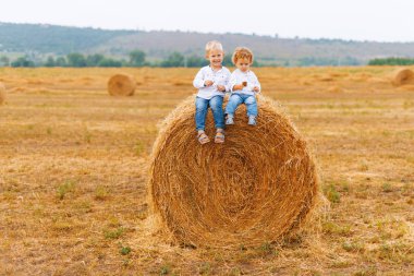 Fotoğraf od iki sarışın çocuk buğday yuvarlak bir top üzerinde oturan