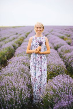 Neşeli genç kadın kamera bakıyor ve lavanta alanının ortasında Lavander bir buket tutan.