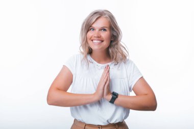 Jest kavramı, handsoe genç kadın dilencilik jestyapıyor, stan