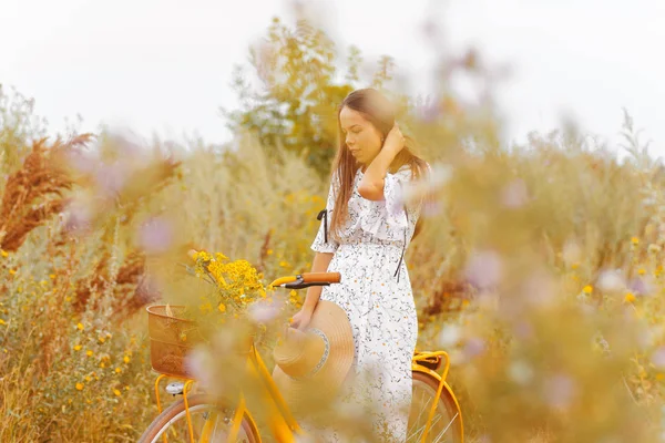 Foto de chica guapa en un vestido de vitage, de pie en una bicicleta, en — Foto de Stock