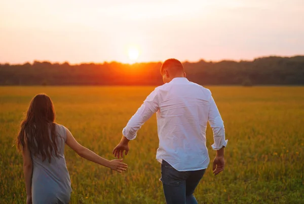 Luces de puesta de sol, pareja caminando en el campo tomados de la mano —  Fotos de Stock