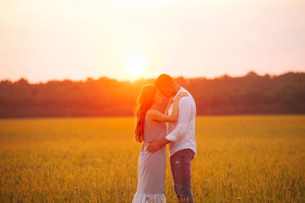 Luces del atardecer, pareja, abrazándose en un campo, y mirando en cada uno —  Fotos de Stock
