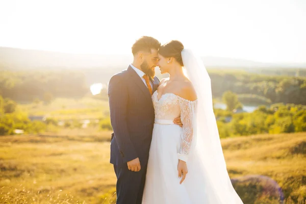 Una pareja de boda en un paisaje al atardecer. Una pareja de boda en un paisaje al atardecer . — Foto de Stock