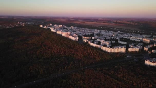 Aerial Drone Video Beautiful Cityscape Sunset Autumn Season — Stock Video