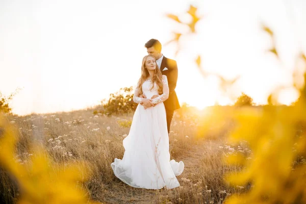 Una joven pareja se abraza en un campo soleado . — Foto de Stock