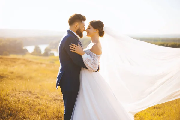 La pareja de recién casados está de pie en un campo de verano abrazándose y disfrutándose mutuamente a la luz del sol . — Foto de Stock