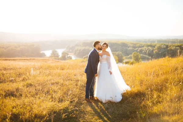 Brudgummen kysser sin brud på kinden och hon ler. De står på ett solbadat landskap.. — Stockfoto