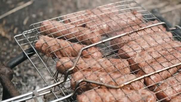 Filmaufnahmen von hausgemachtem Grill, schmackhaftem Fleisch am Feuer, entspannende Zeit — Stockvideo