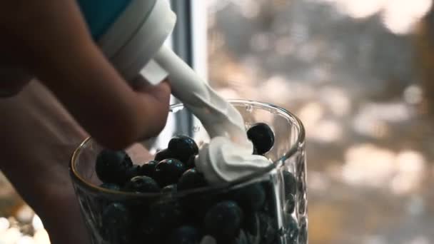 Rekaman wanita menaruh krim kocok pada blueberry — Stok Video