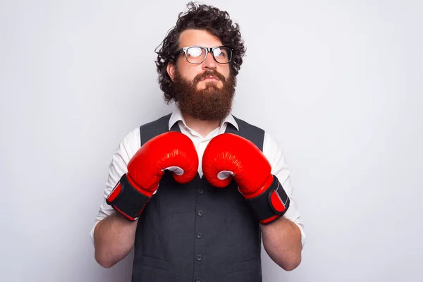Portrét mladého vousatého muže v obleku s boxerskými rukavicemi — Stock fotografie