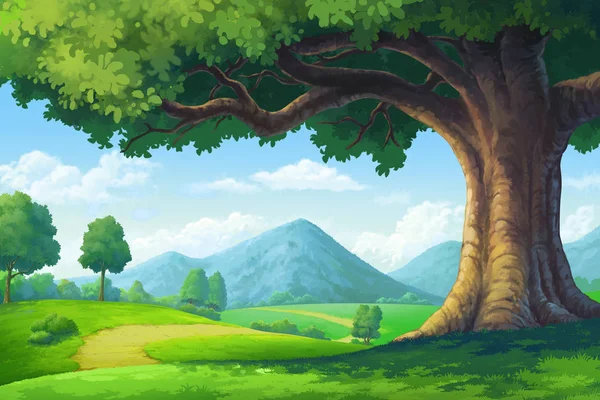 Illustration Des Gartens Haben Einen Hügel Und Bäume — Stockfoto