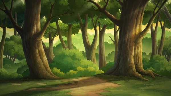 Illustrazione di alberi nella foresta la sera . — Foto Stock