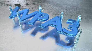 Word WPS3 in metal blue carried by several people on shiny wet metal floor 3D illustration clipart