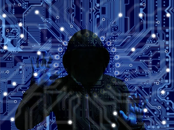 Zwart Japanner Hacker Een Blauwe Circuit Achtergrond Cyberveiligheid Iot Concept — Stockfoto