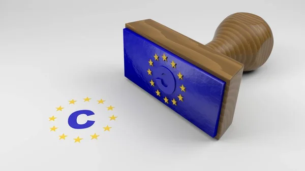Az Eu-zászló és egy szerzői jogi szimbólum fa gumibélyegző — Stock Fotó