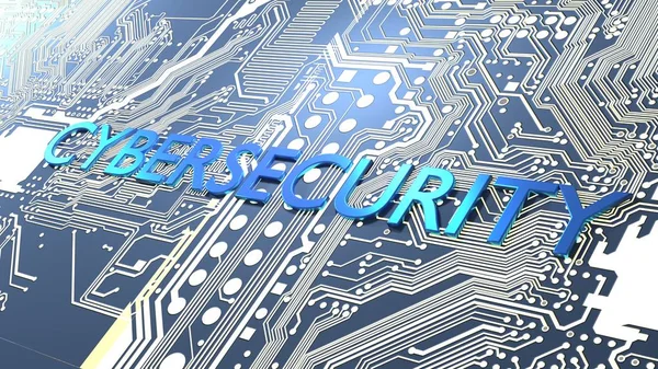 Gloeiende printplaat en een blauwe metalen woord cyberveiligheid — Stockfoto