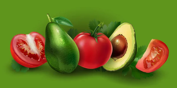 緑の背景にアボカドとトマトのスライス — ストックベクタ