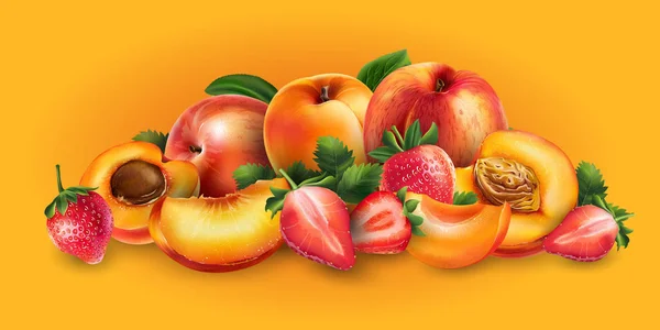 Abrikoos, perzik en aardbei — Stockvector