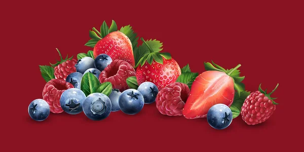 覆盆子、 蓝莓和草莓 — 图库矢量图片