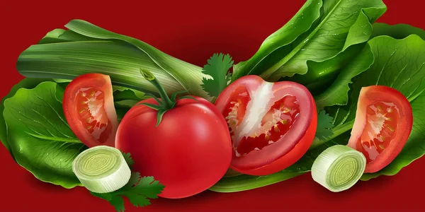 Tomates, cebollas y lechuga — Vector de stock