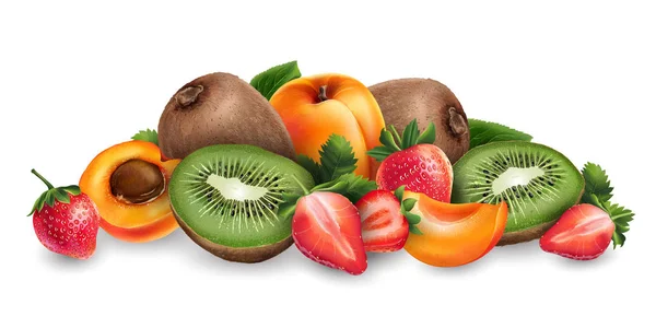 Aprikot Strawberry Dan Kiwi Pada Latar Belakang Putih - Stok Vektor