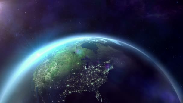 Un vuelo sobre la Tierra medio iluminada — Vídeo de stock