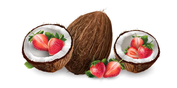 Realistische Kokosnuss Und Erdbeere Auf Weißem Hintergrund — Stockfoto