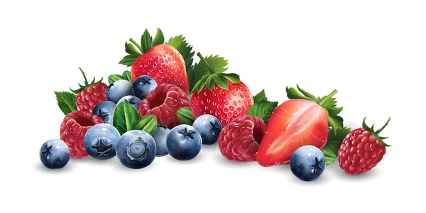 Hallon, blåbär och jordgubbar — Stockfoto