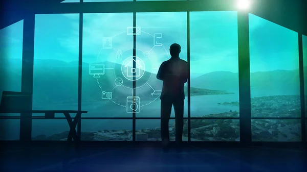 Ένας άνθρωπος στέκεται δίπλα στο παράθυρο θέασης Iot infographics στοιχεία. 3D απεικόνιση — Φωτογραφία Αρχείου