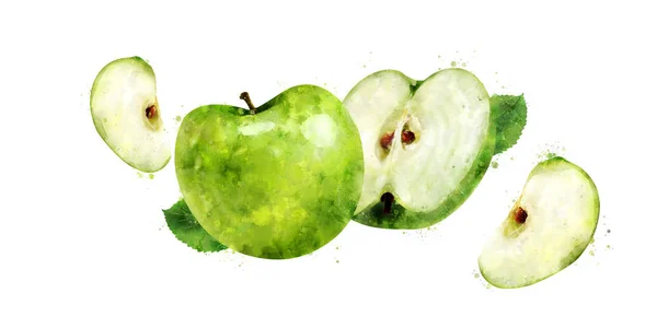 Green Apple na białym tle. Akwarela, ilustracja — Zdjęcie stockowe