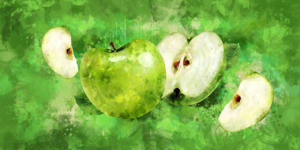 Green Apple på grön bakgrund. Akvarell illustration — Stockfoto